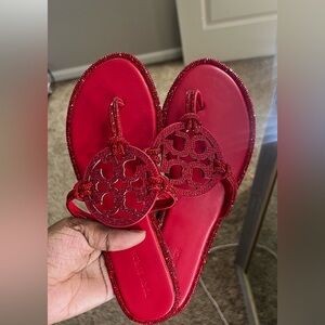 Tory Burch Red Miller Glitter Logo Thong Sandals